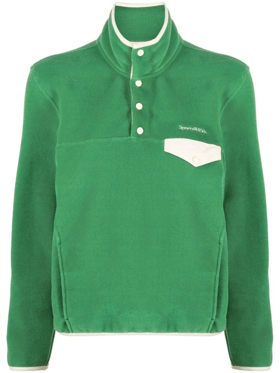 Sporty & Rich Green Fleece Snap-Placket Pullover With White Accents